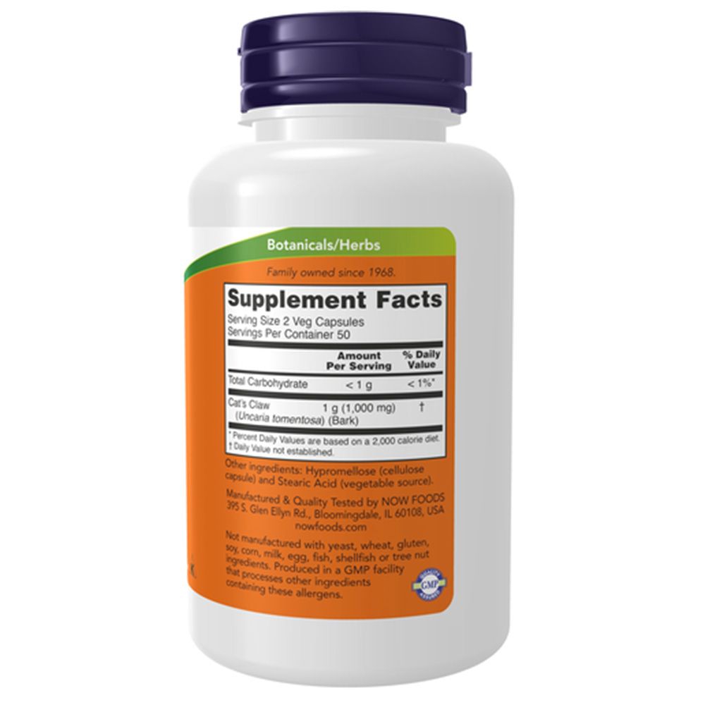 Bouteille de supplément, étiquette "Supplement Facts" pour Griffe de chat, 1g par portion, 50 portions.