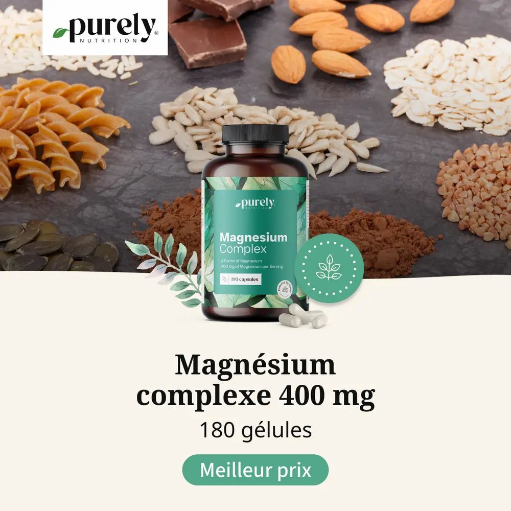 Flacon avec ingrédients. Inscription : Magnésium complexe 400 mg, 180 gélules. Meilleur prix.