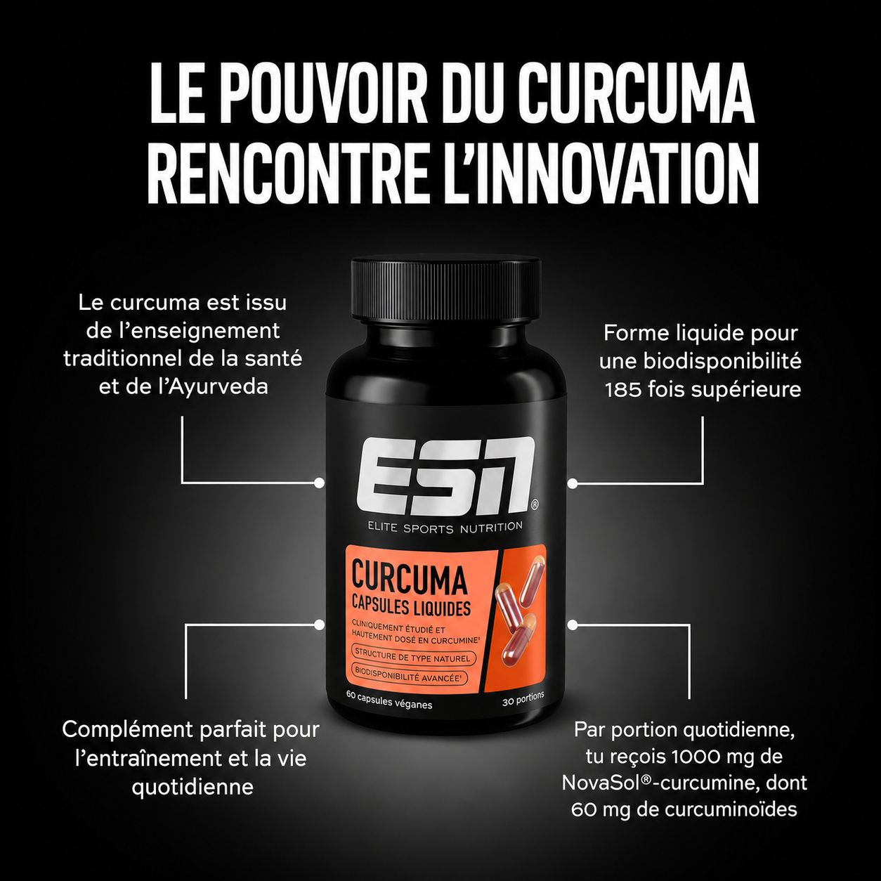 Capsules de curcumine ESN : curcumine liquide en capsule, 1000mg de curcumine par portion.