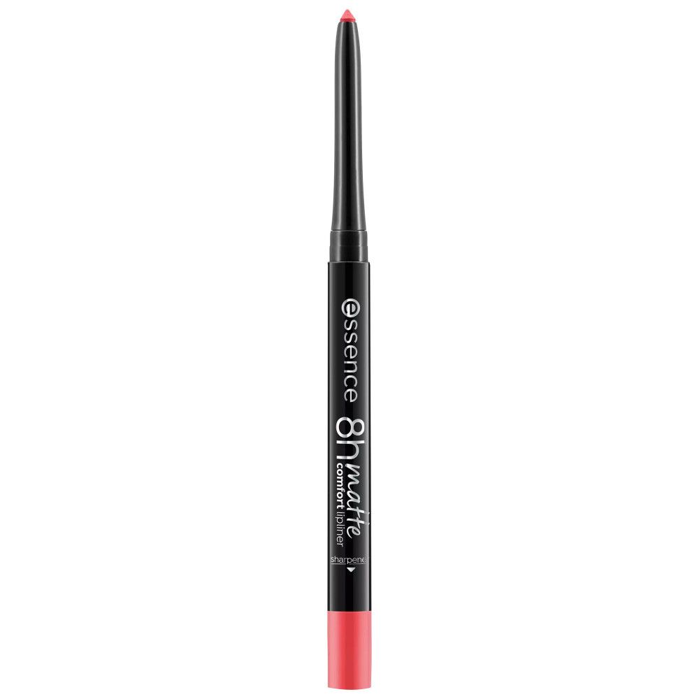 Essence Lippenstiftstift 8H Matte Comfort. Zwarte potlood met rode punt. Merk en productnaam op het potlood.