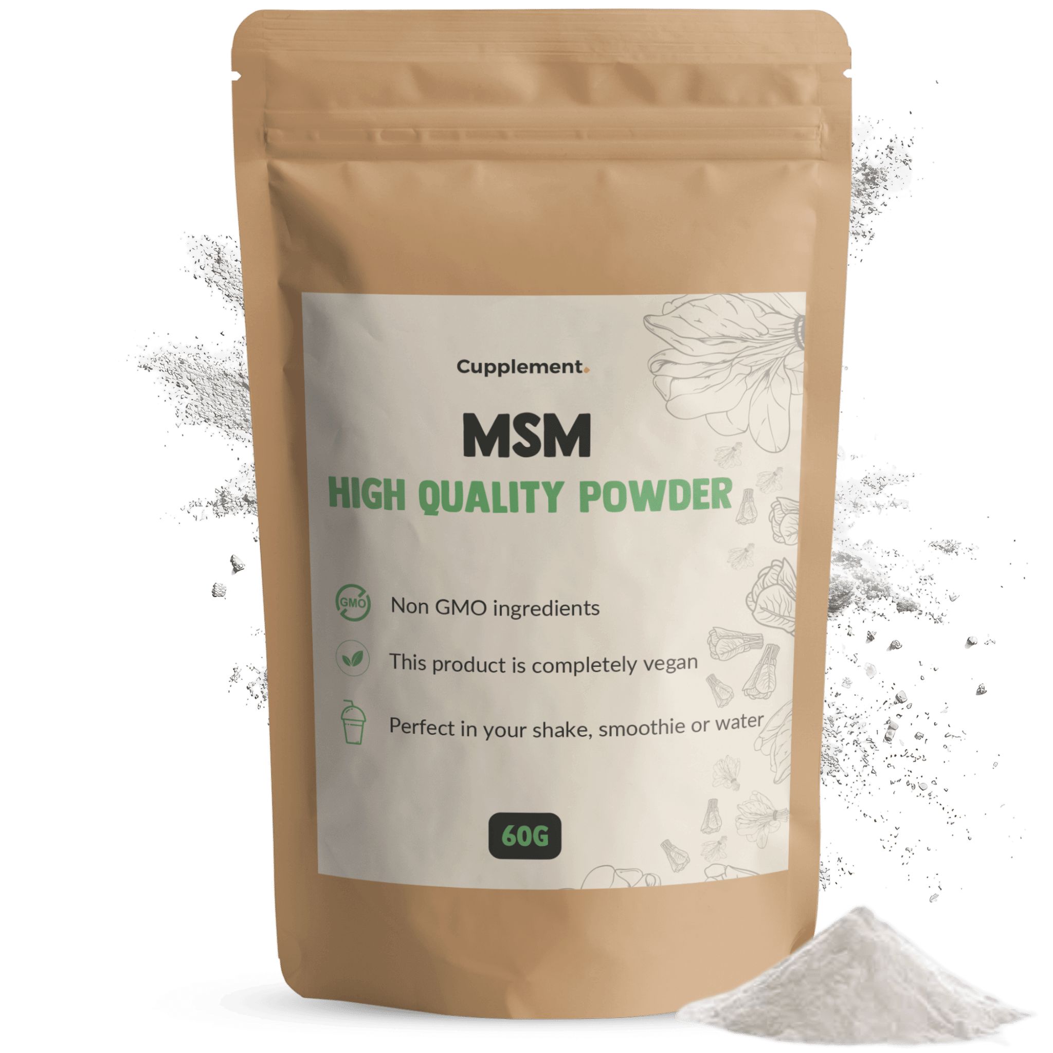 Sachet de poudre MSM. Inscription: Cupplement MSM HIGH QUALITY POWDER. 60g. Végétalien, sans OGM.