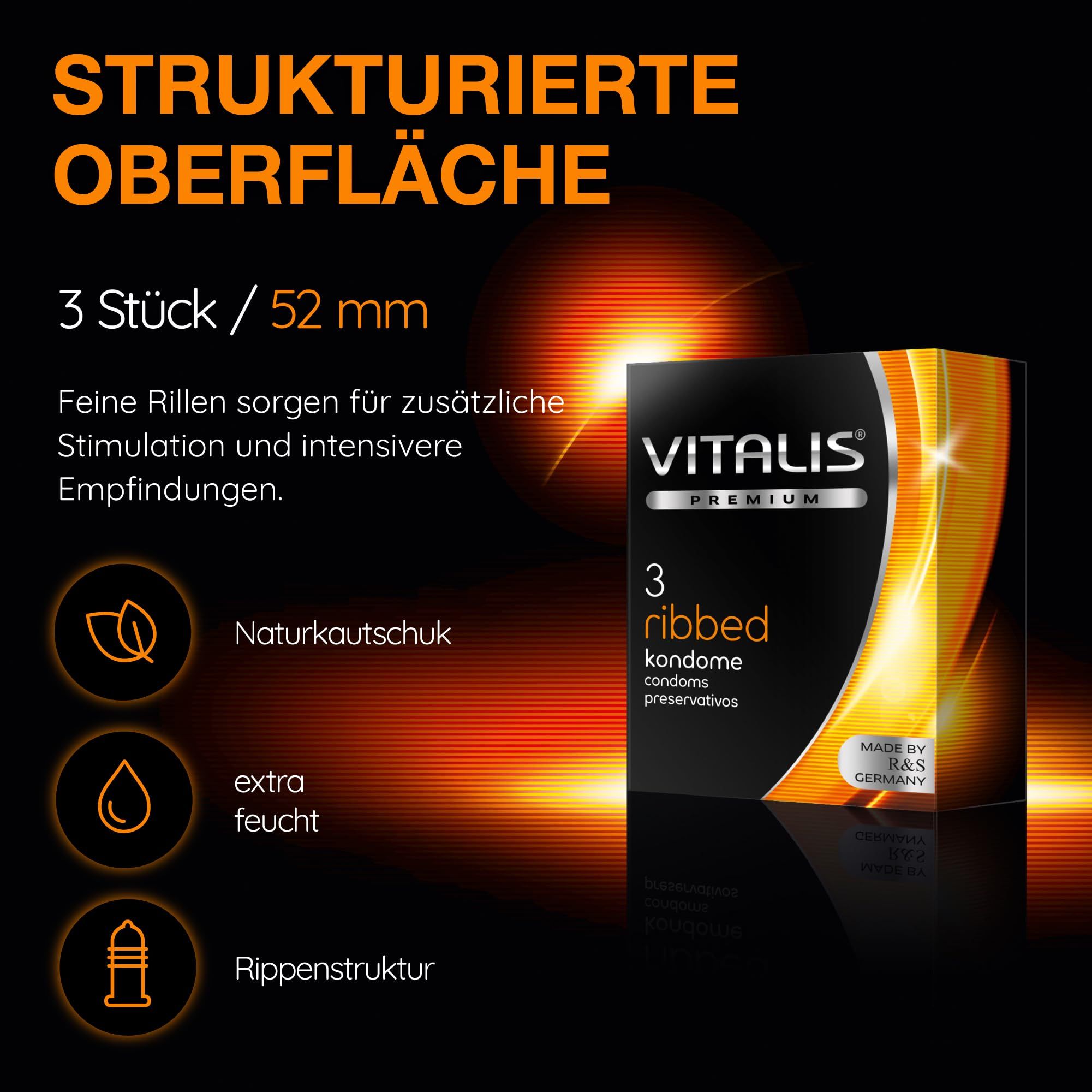 Préservatifs Vitalis PREMIUM Ribbed: 3 pièces, 52 mm. Latex naturel, extra lubrifié, texture nervurée.