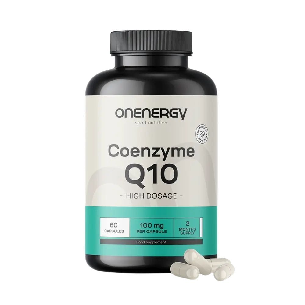Zwarte fles met witte capsules. Opschrift: OnEnergy, Co-enzym Q10, 100 mg, 60 capsules, 2 maanden voorraad.