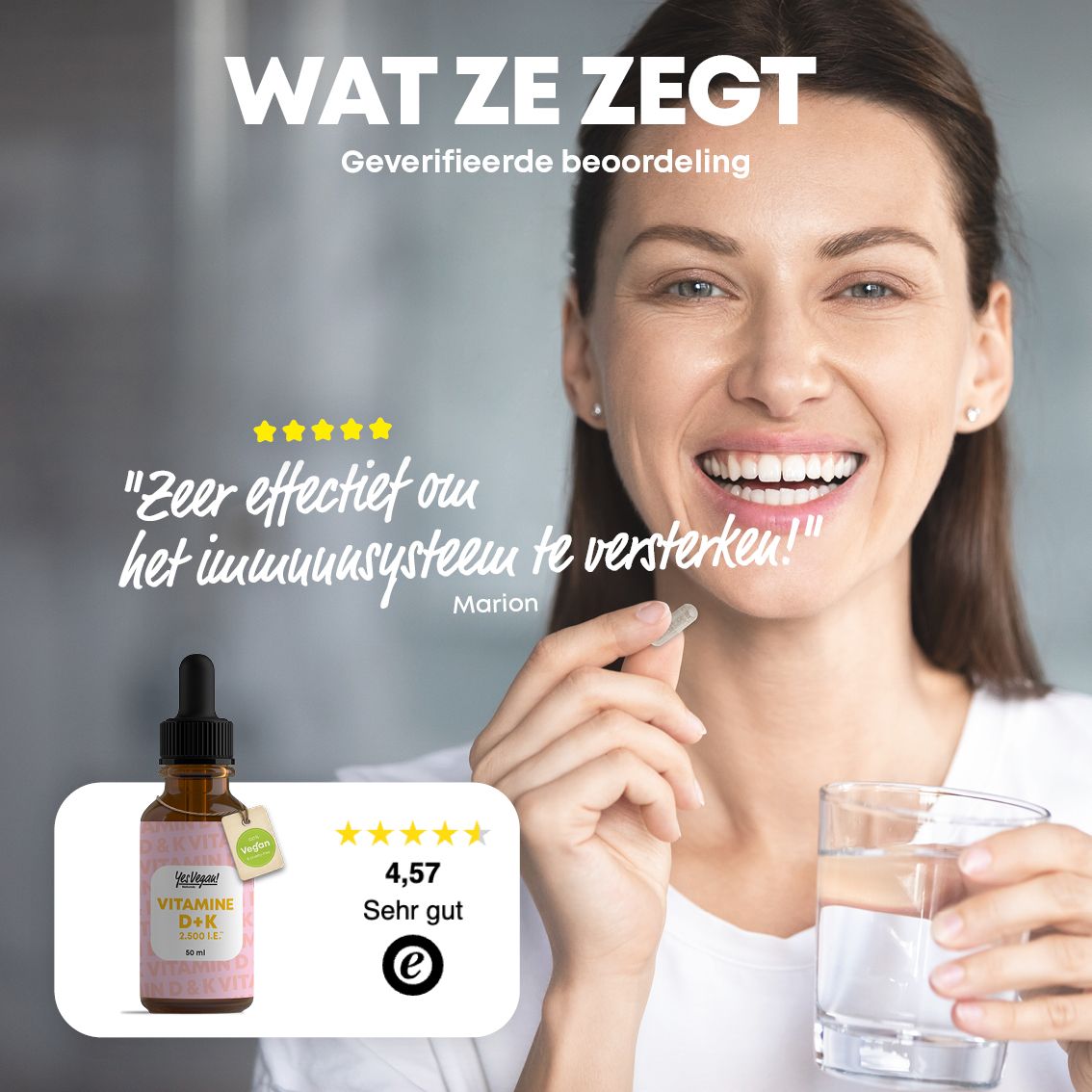 Fles met druppelaar, legt snelle en eenvoudige toepassing van Vitamine D+K druppels uit.