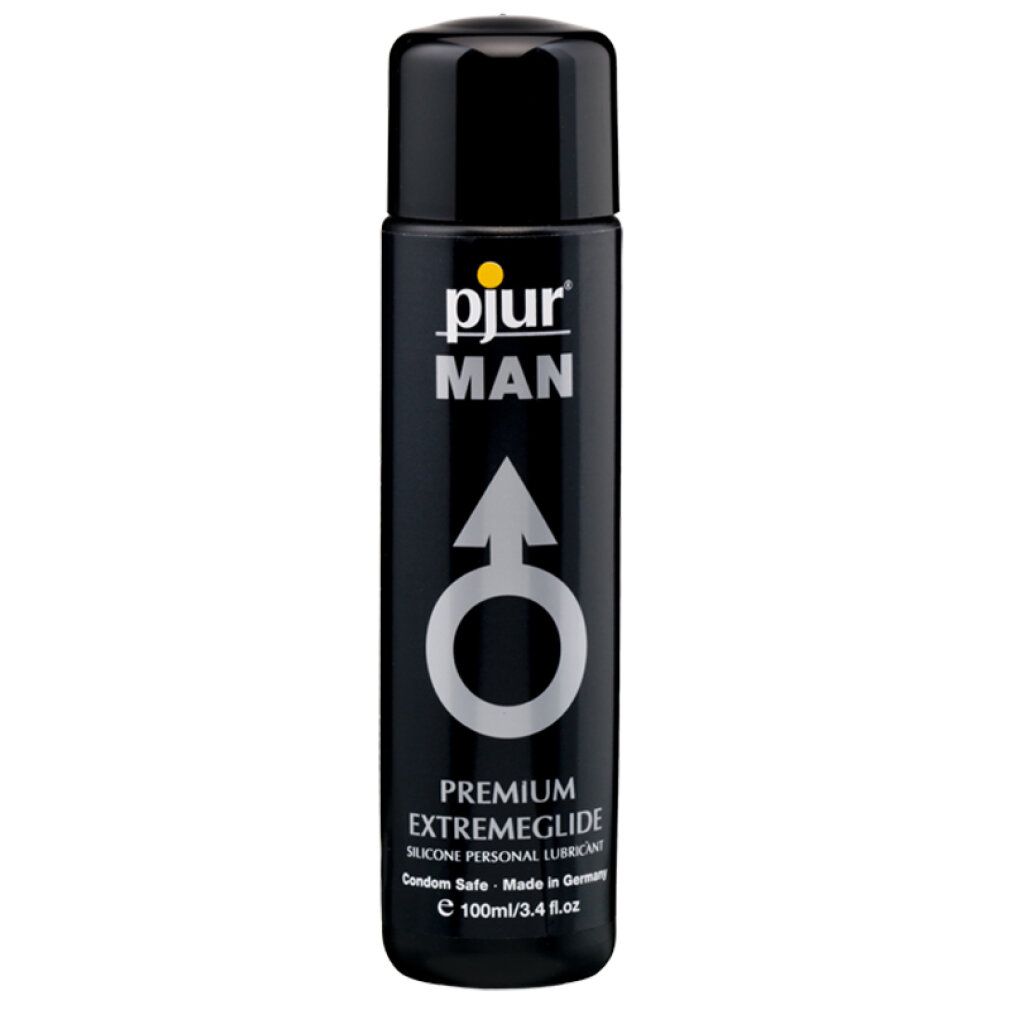 Zwarte fles met geel logo. Productnaam: pjur MAN Extreme Glide. Mannelijkheidssymbool. Siliconenbasis.