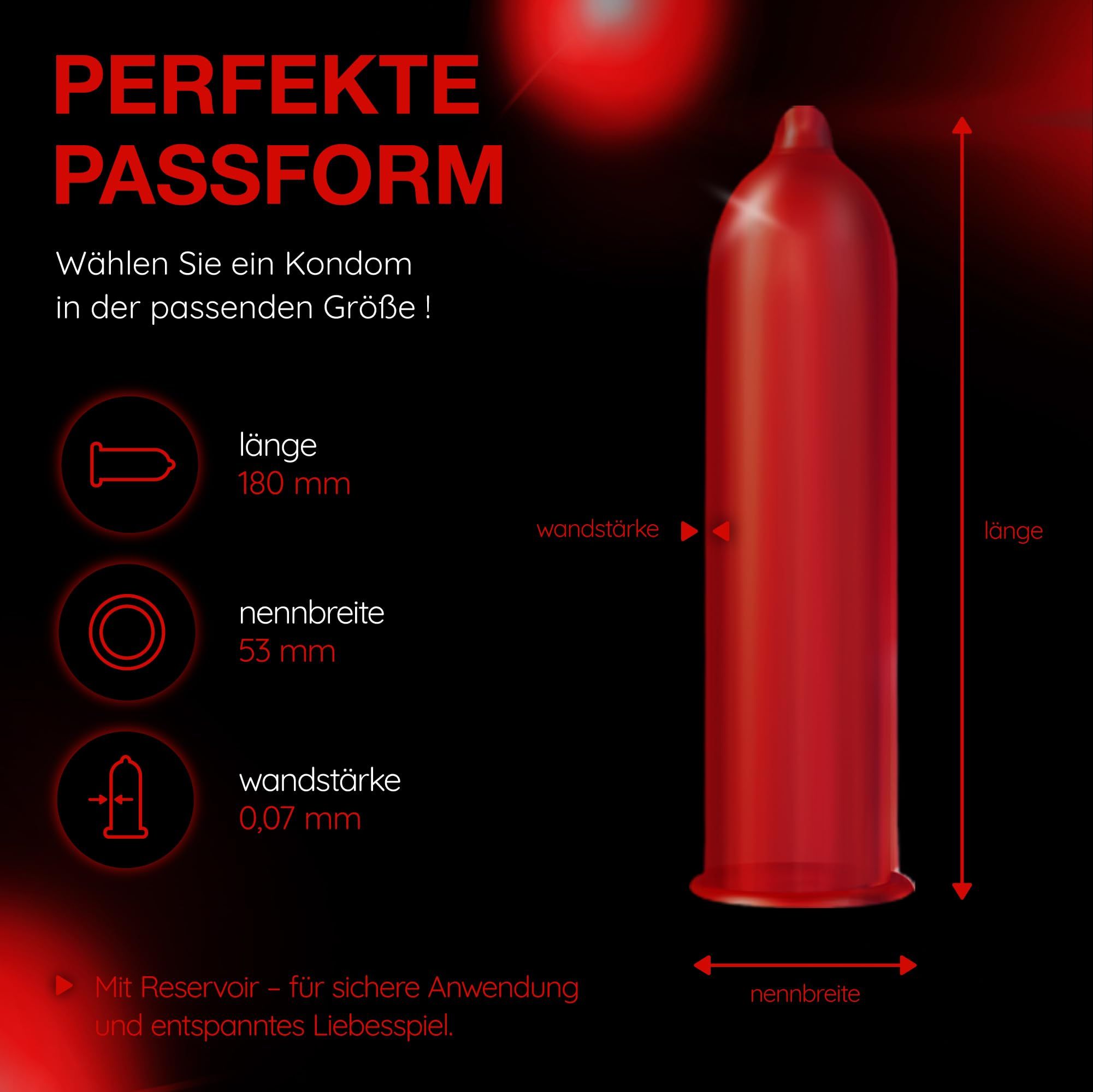 Rood Vitalis condoom, nominale breedte 53mm, lengte 180mm, dikte 0,07mm. Met reservoir.
