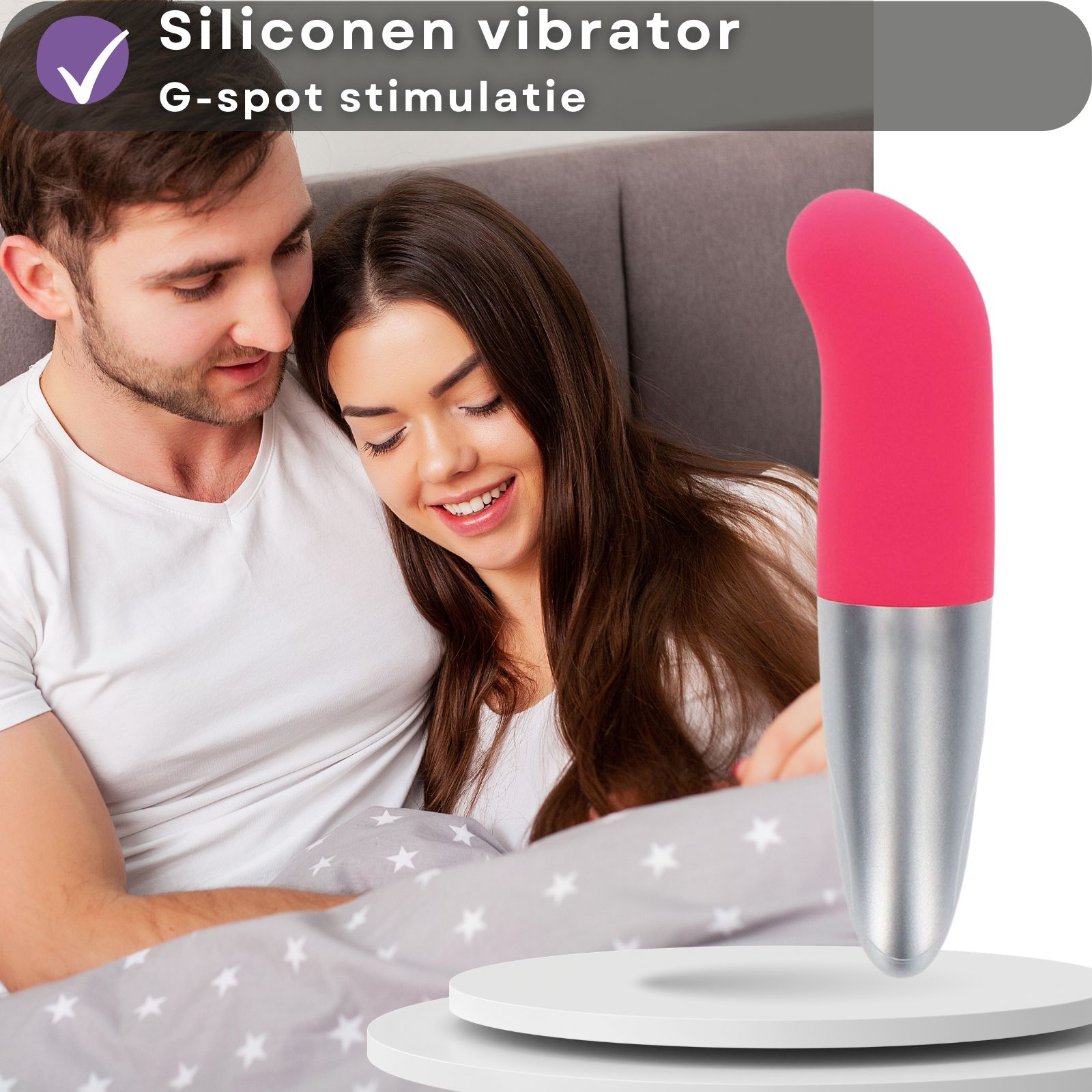 Roze en zilveren vibrator. G-spot stimulatie. Koppel op de achtergrond.