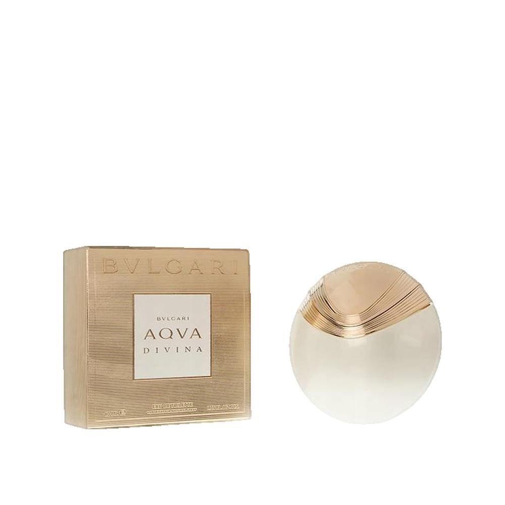 Boîte et flacon dorés. "BVLGARI AQVA DIVINA" sur la boîte. Flacon rond, blanc et doré.
