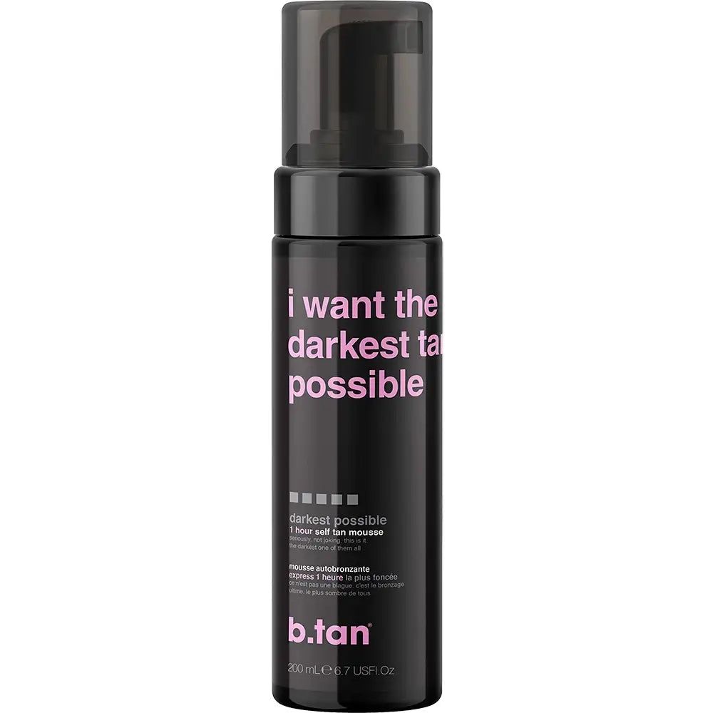 Flacon noir avec "I want the darkest tan possible". Nom du produit et marque visibles.