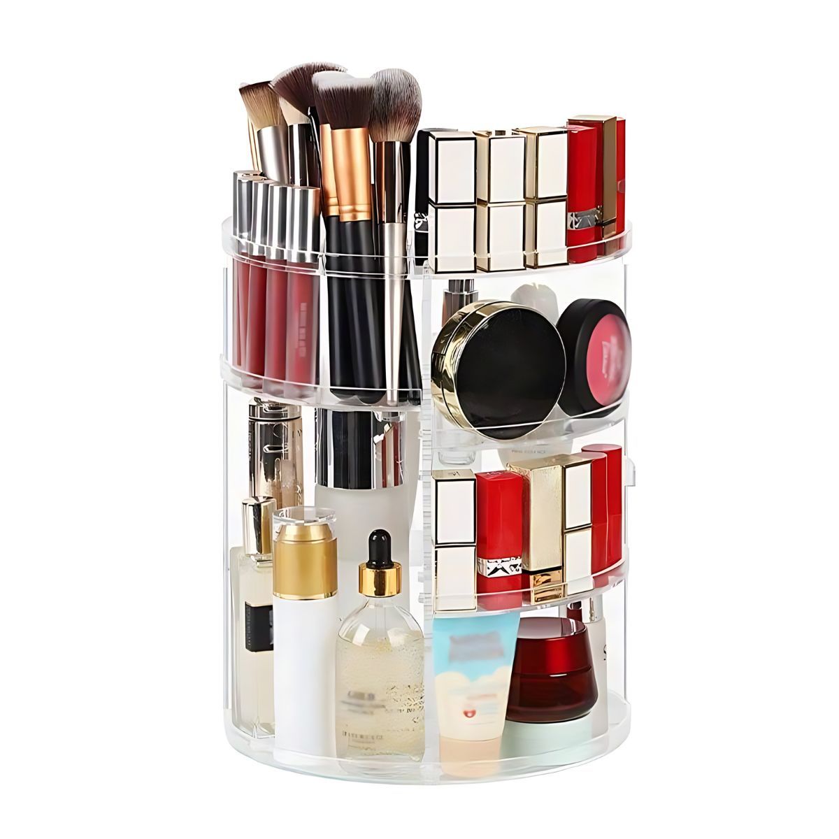 Organisateur cosmétique rotatif en acrylique transparent sur une commode blanche.
