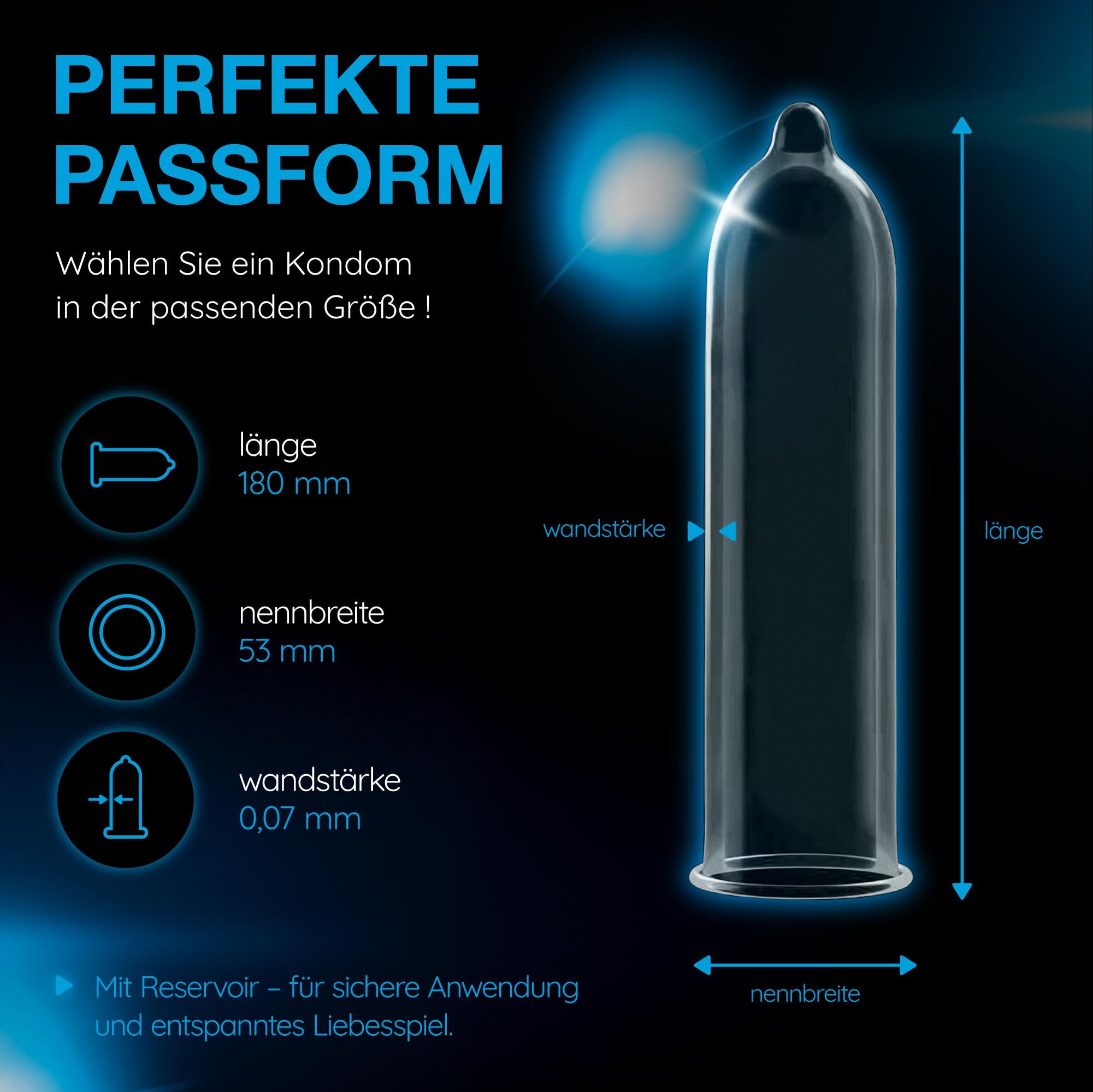 Préservatif Vitalis PREMIUM Natural : Longueur 180 mm, largeur nominale 53 mm, épaisseur 0,07 mm.