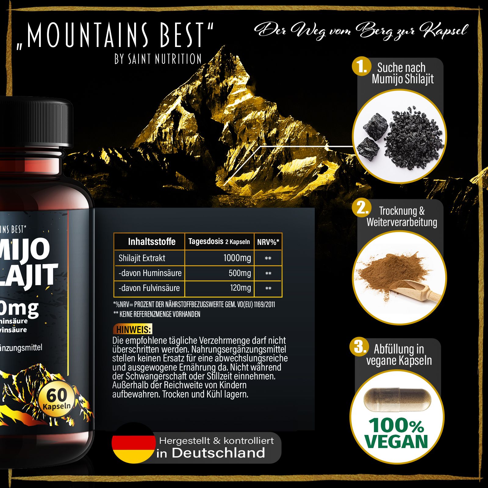 Image publicitaire avec bouteille et ingrédients. Texte : Mumijo Shilajit, 1000mg, 60 gélules. 100% Vegan. Fabriqué en Allemagne.