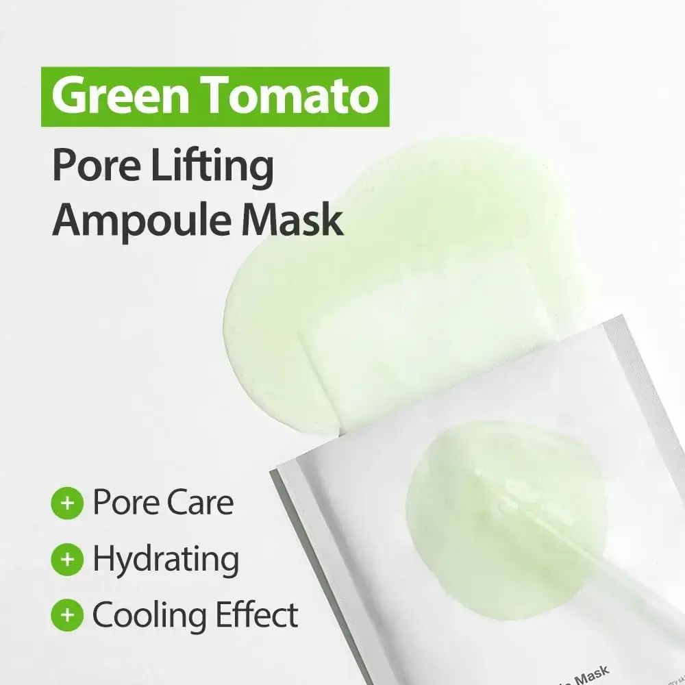Verpakking met groen gel. Tekst: Green Tomato Pore Lifting Ampoule Mask. Plus tekens met teksten: Pore Care, Hydrating, Cooling Effect.