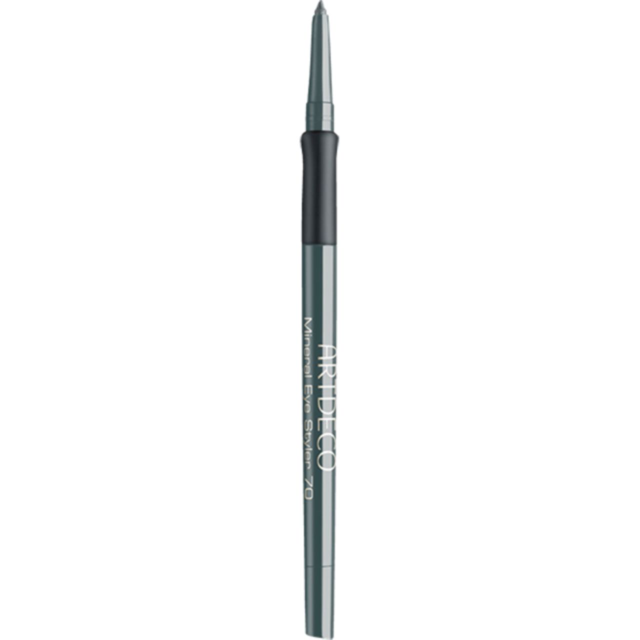 Artdeco Mineral Eye Styler. Grijze potlood met zwarte grip. Punt omhoog. Productnaam en merk op het potlood.