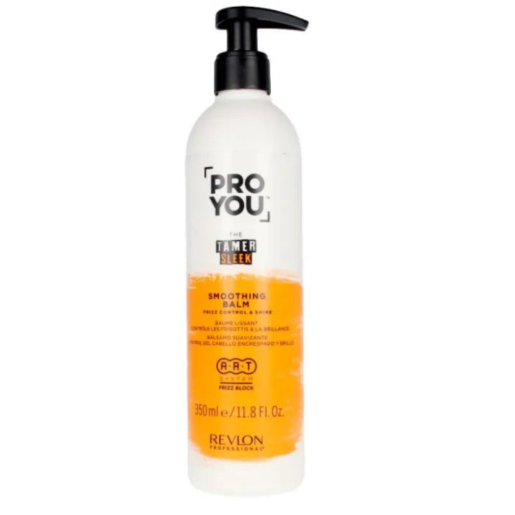 Flacon blanc-orange avec pompe noire. Inscription: PRO YOU, THE TAMER SLEEK, Smoothing Balm. Revlon Professional.
