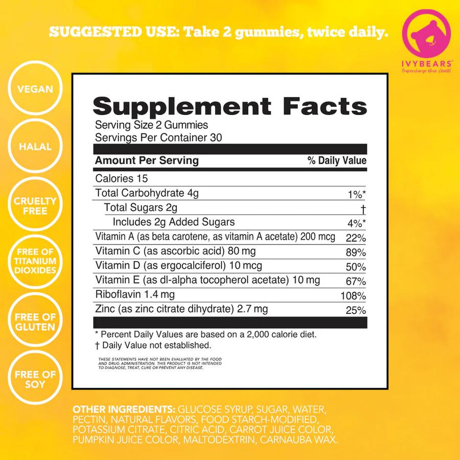 Voedingstabel op gele achtergrond. Bevat informatie over calorieën, koolhydraten, suikers, vitaminen en mineralen.