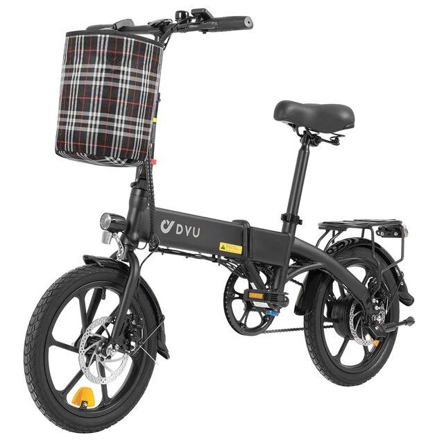 Vélo électrique noir avec panier. Marque DYU visible. Roues de 16 pouces, porte-bagages, selle, guidon, pédales et freins à disque.