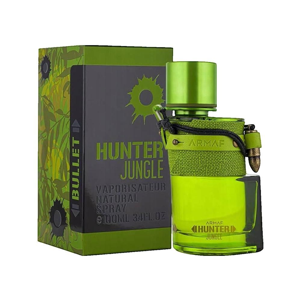Groene fles en doos met "Hunter Jungle" opdruk. De fles heeft een groene dop en een zwarte riem. De doos heeft een groen patroon.