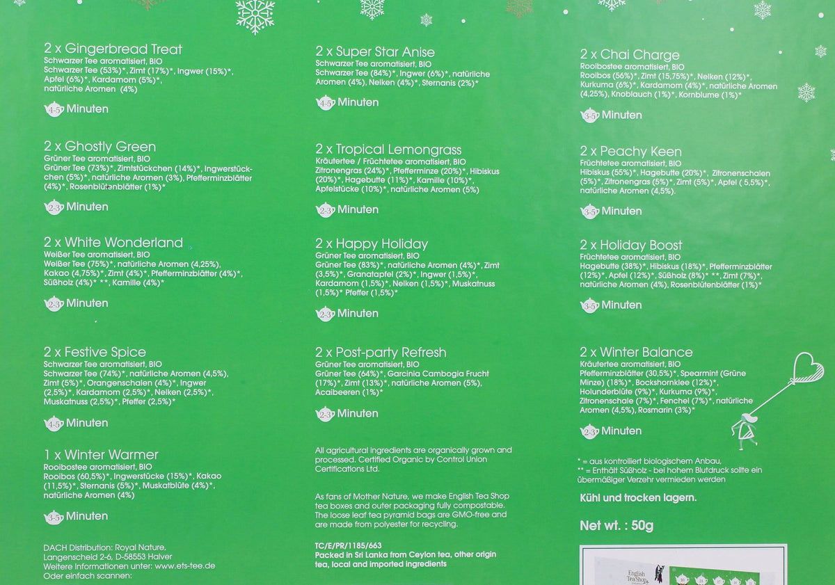 Achterkant van de adventskalender. Lijst met theesoorten met ingrediënten. Biokeurmerk en nettogewicht 50g.