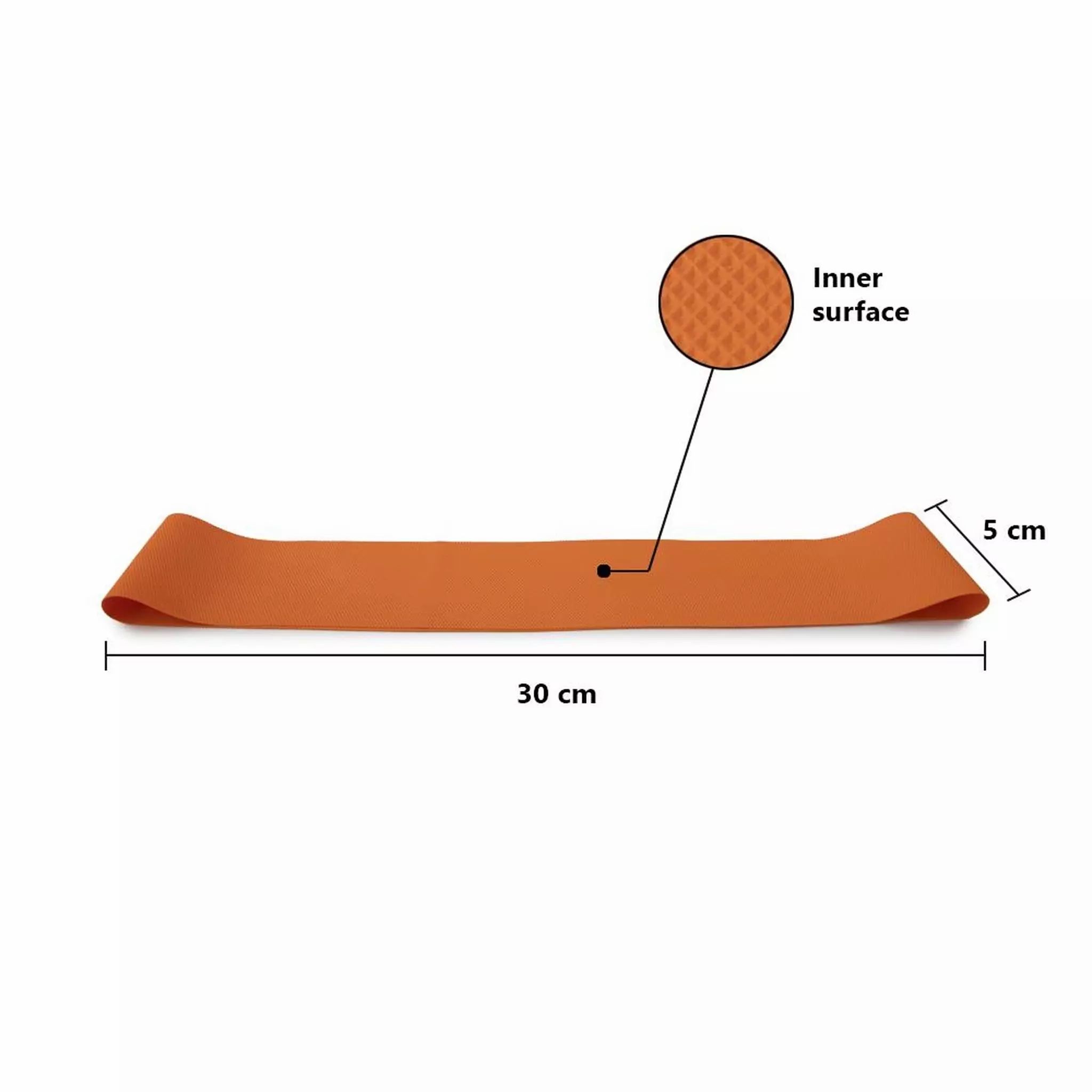 Oranje weerstandsband. 30 cm lang, 5 cm breed. Binnenkant met textuur.