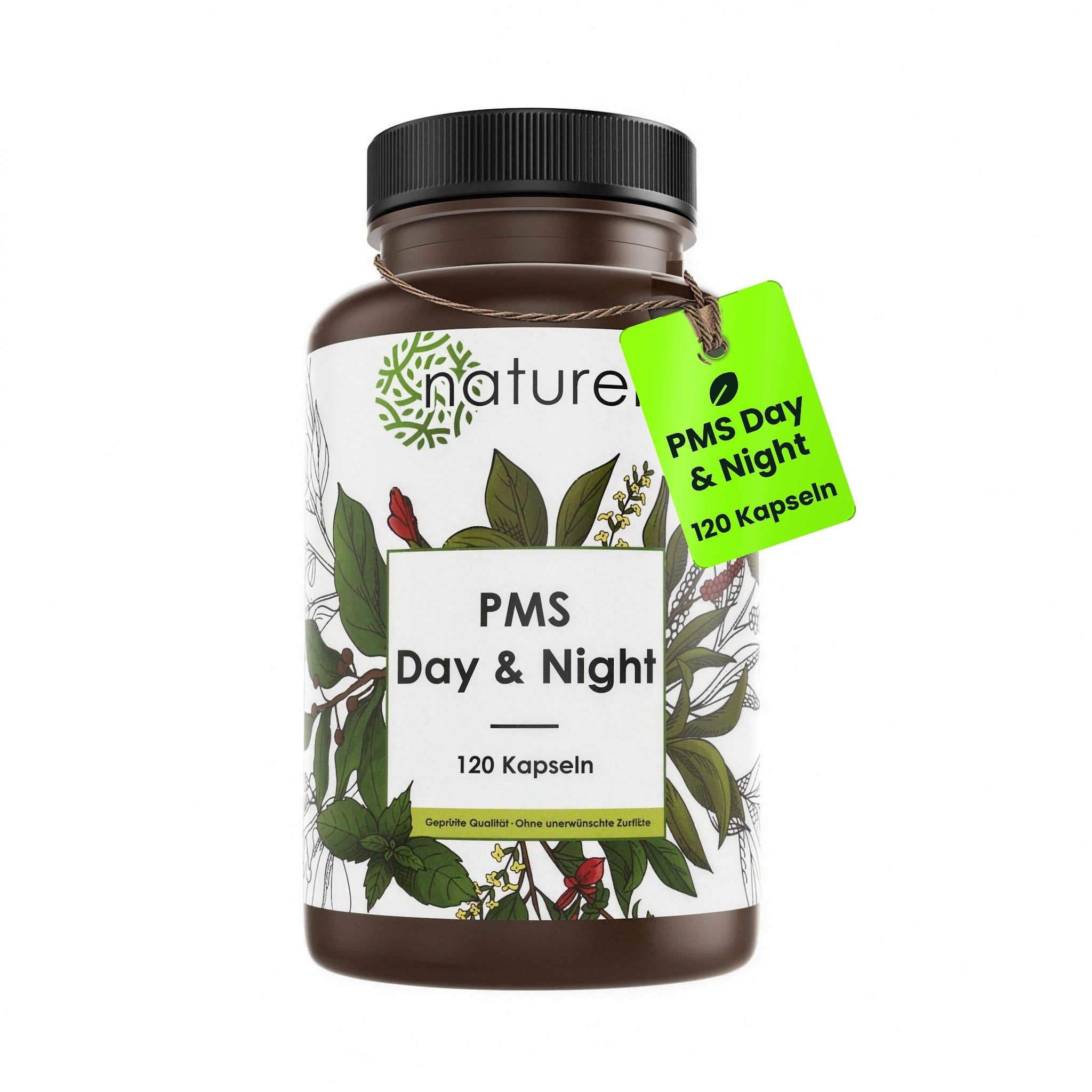 Fles met 120 'PMS Day & Night' capsules met gedetailleerde botanische illustratie op het etiket.