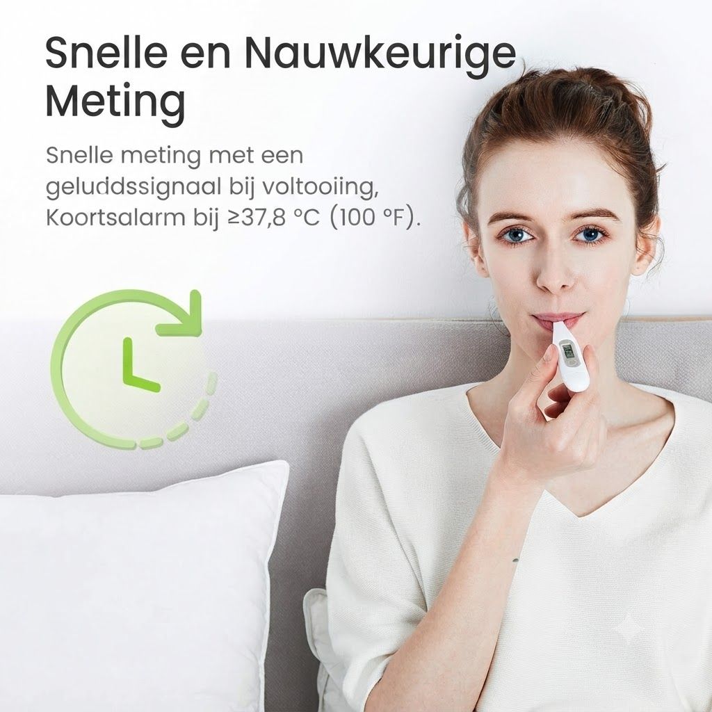 Digitale thermometer met witte behuizing, onder de tong gehouden door een vrouw.