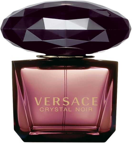Versace Crystal Noir fles. Donkerbruine, facetgeslepen dop. Opschrift Versace Crystal Noir.