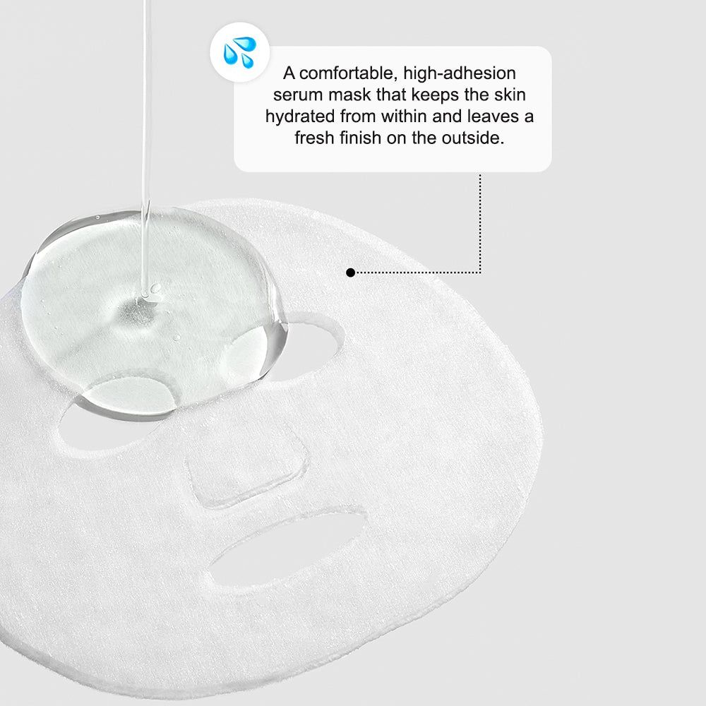 Masque en tissu blanc avec sérum appliqué. Texte expliquant hydratation et fraîcheur.