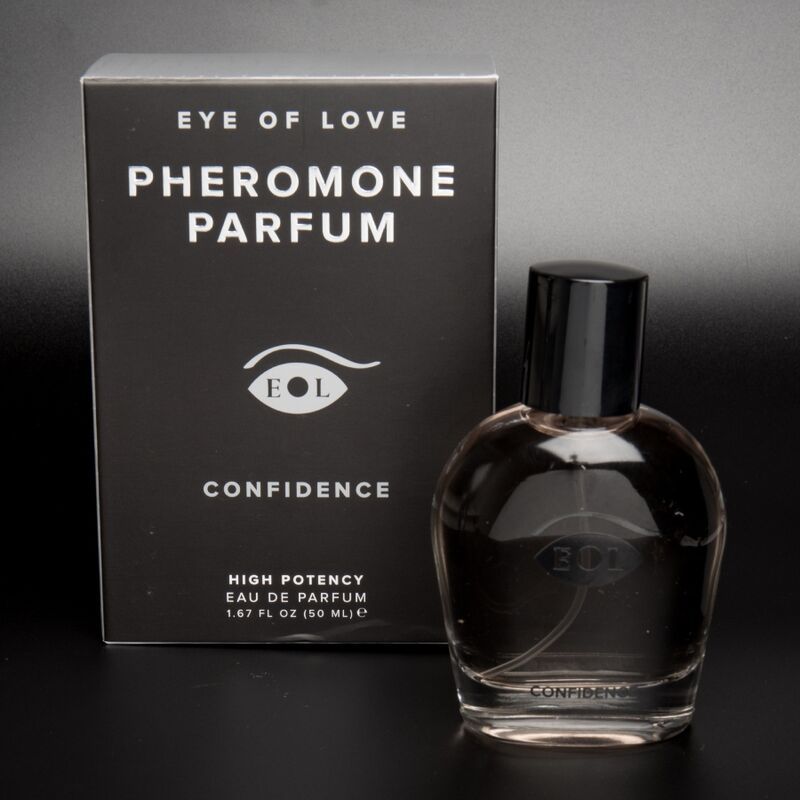 Flacon et emballage Eye Of Love Confidence Eau de Parfum sur fond noir.