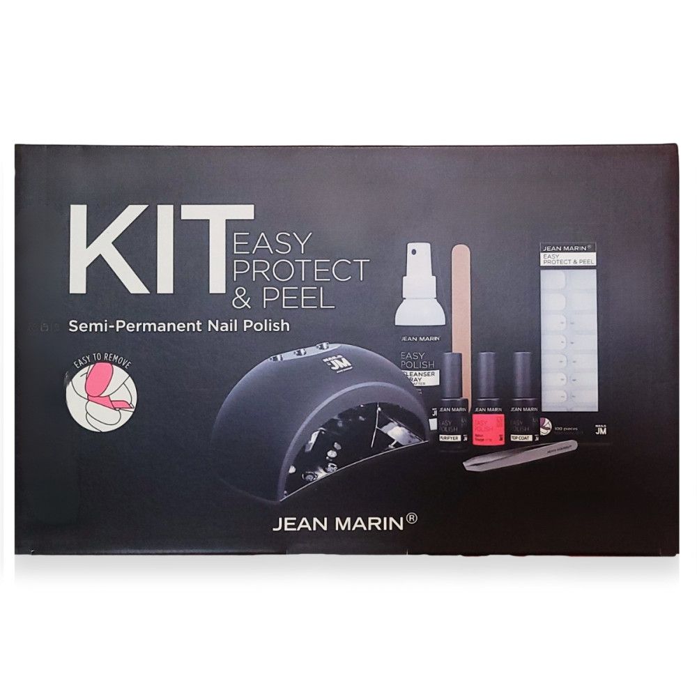 Jean Marin Easy Protect & Peel kit. Bevat LED-lamp, nagellak, vijl, cuticle pusher en tips.