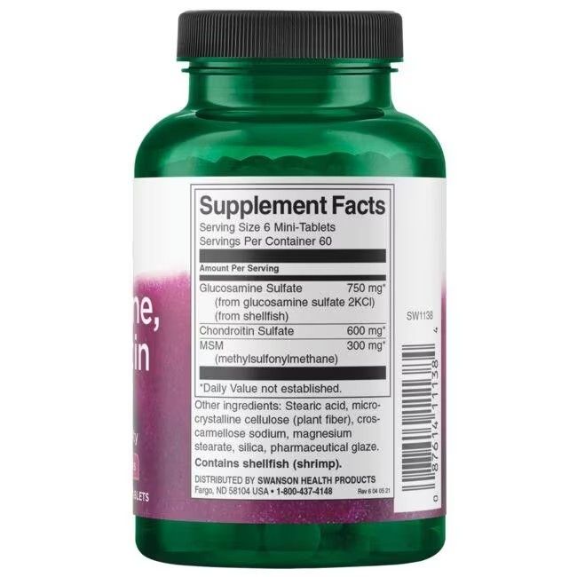 Dos du flacon vert. Étiquette avec informations nutritionnelles. Contient glucosamine, chondroïtine, MSM. 60 portions.