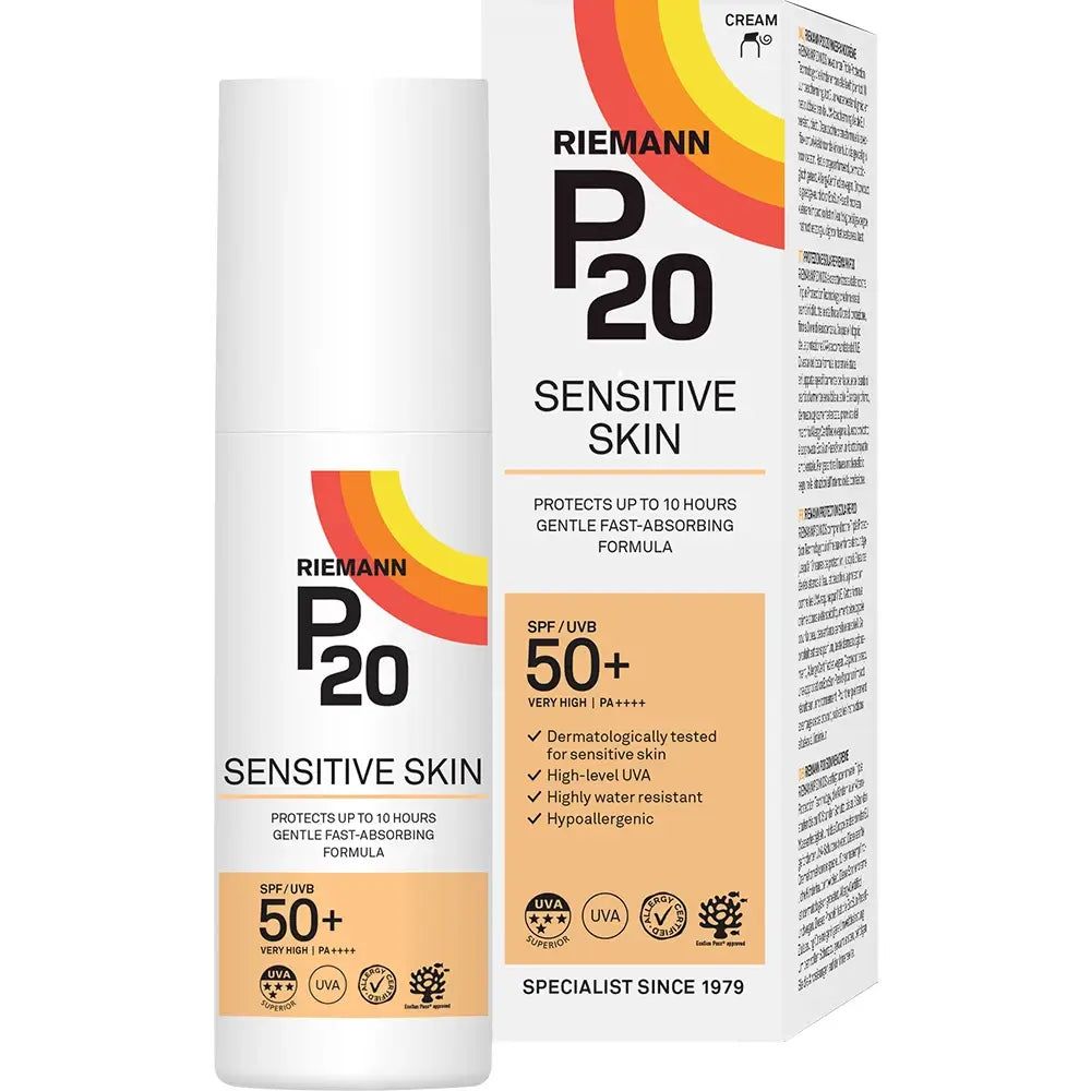 Crème solaire RIEMANN P20 Sensitive SPF 50+ en flacon et boîte.