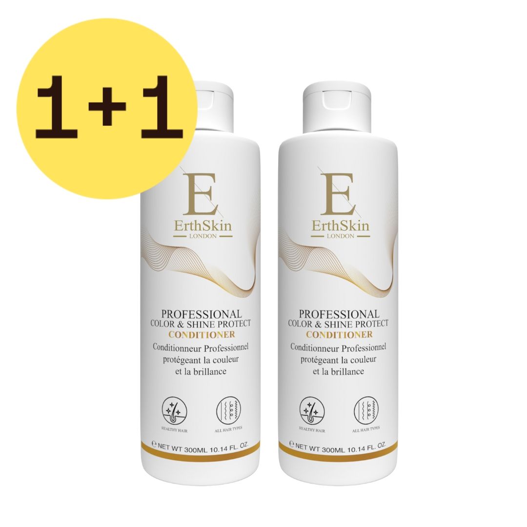 Twee flessen ErthSkin London conditioner. Wit, met gouden details en productinformatie. Op gele achtergrond met "1+1" sticker.