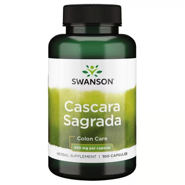 Groene fles met wit etiket. Opschrift: SWANSON Cascara Sagrada, 450 mg per capsule, 100 capsules.