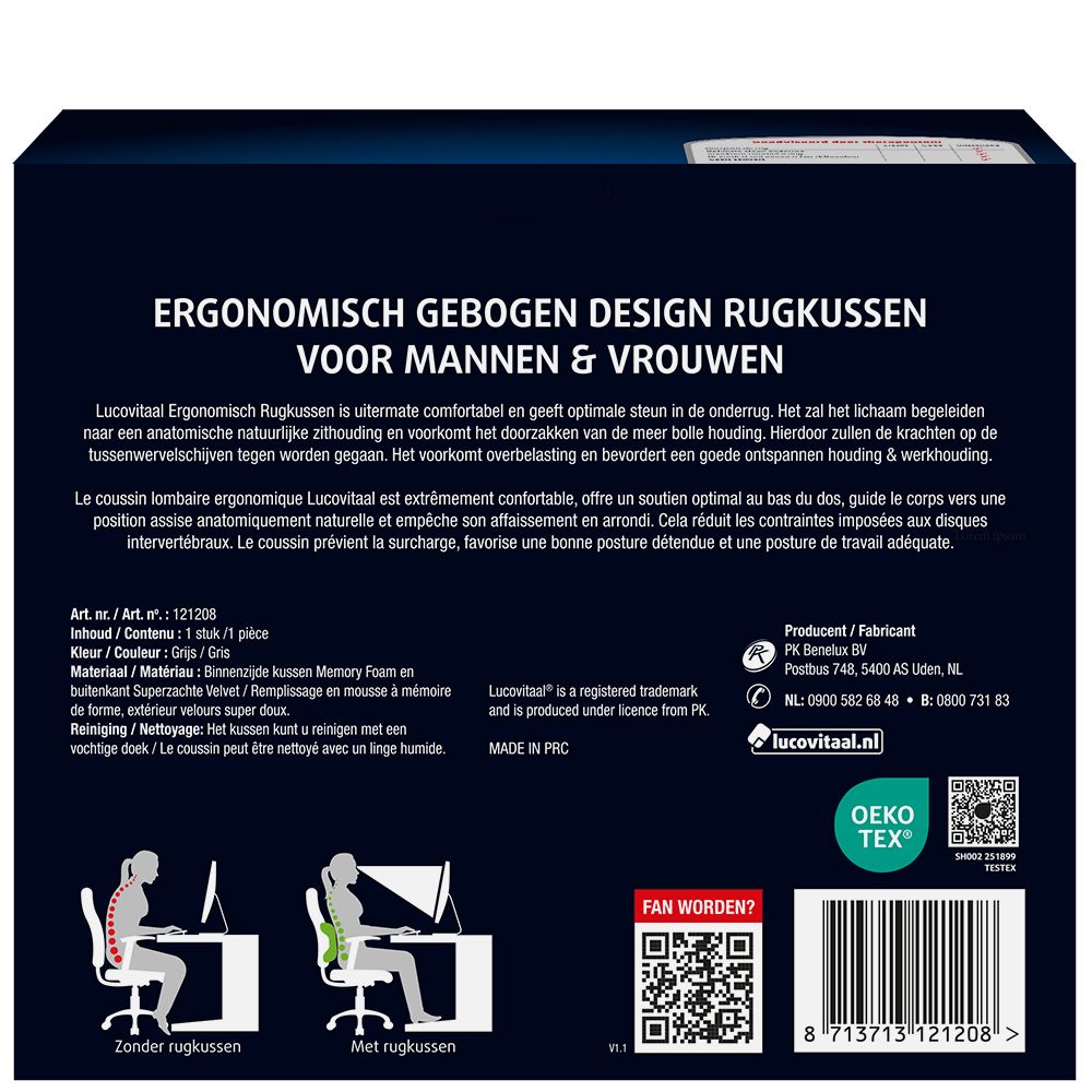 Emballage du coussin dorsal ergonomique. Texte : Coussin dorsal ergonomique. Certification Oeko-Tex. Illustrations d'utilisation.