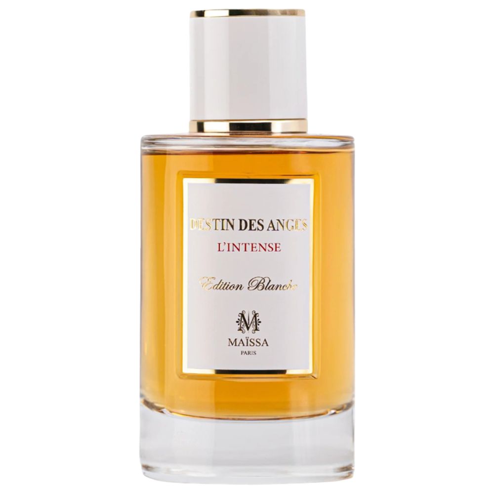 Flacon de parfum avec bouchon blanc et détails dorés. L'étiquette indique "DENTIN DES ANGES L'INTENSE Edition Blanche".