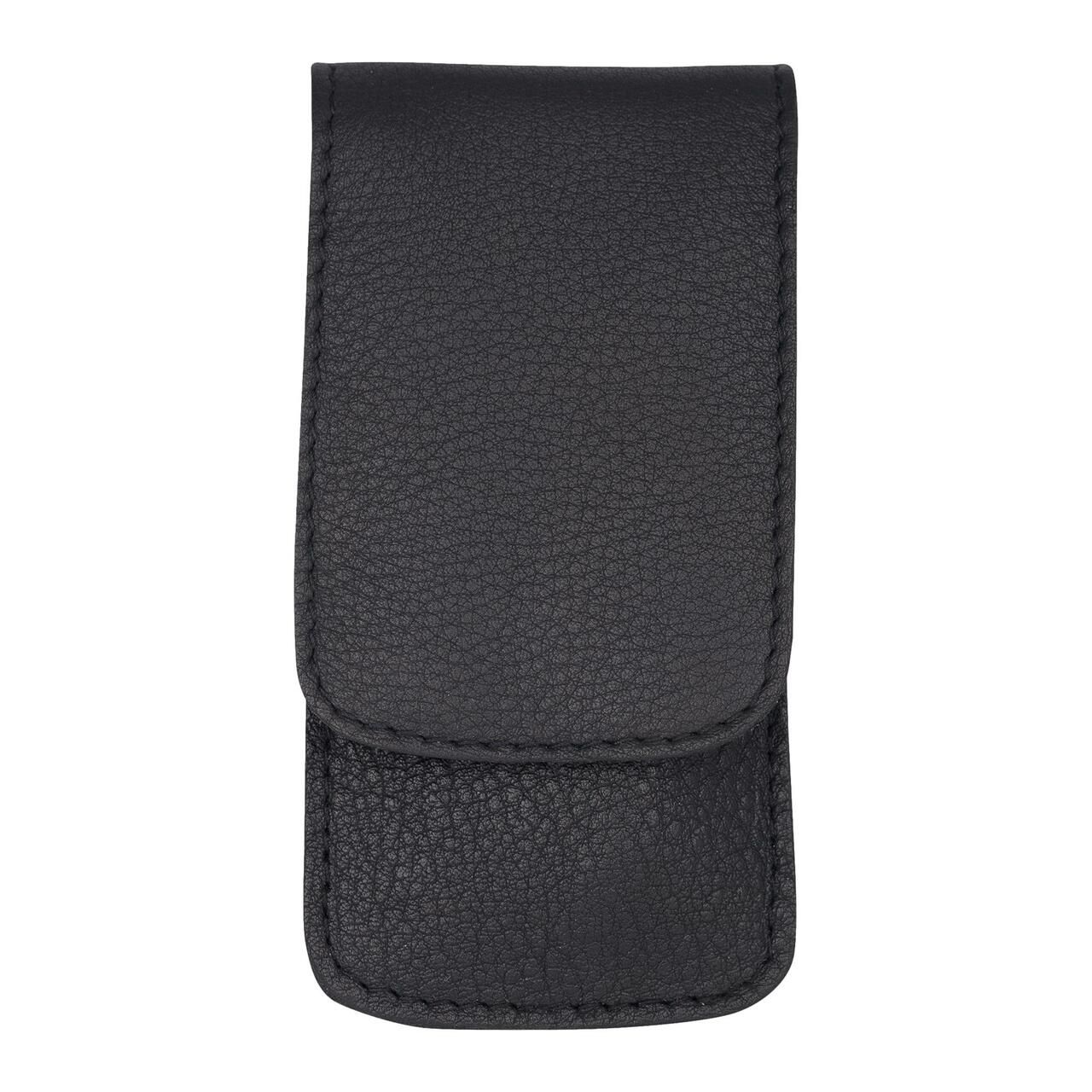 Zwart lederen etui voor manicure-instrumenten, gesloten.