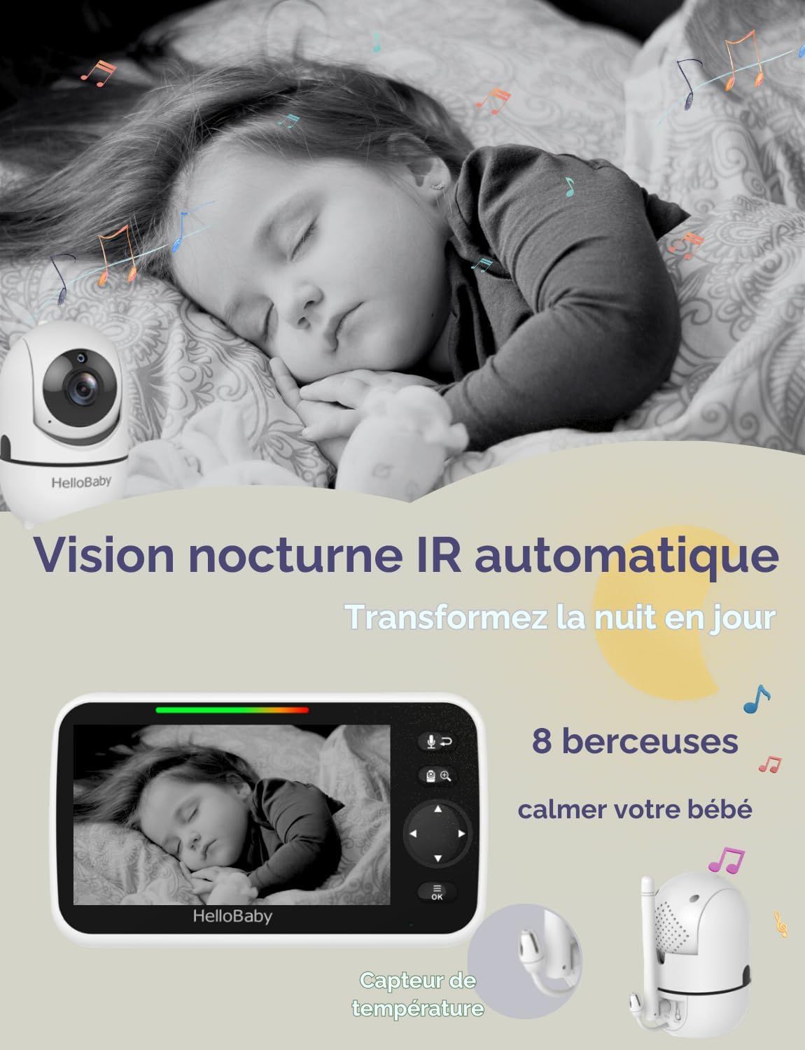 Babyphone avec vision nocturne et 8 berceuses. Capteur de température et bébé au lit avec caméra.