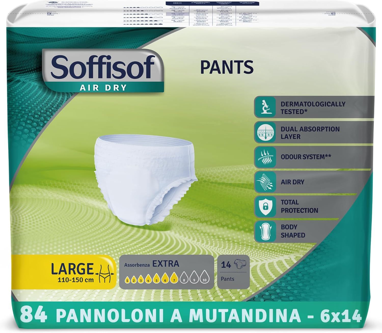 Soffisof Pants Extra. Culottes absorbantes blanches, taille L, 110-150 cm. 84 unités. Emballage avec caractéristiques.