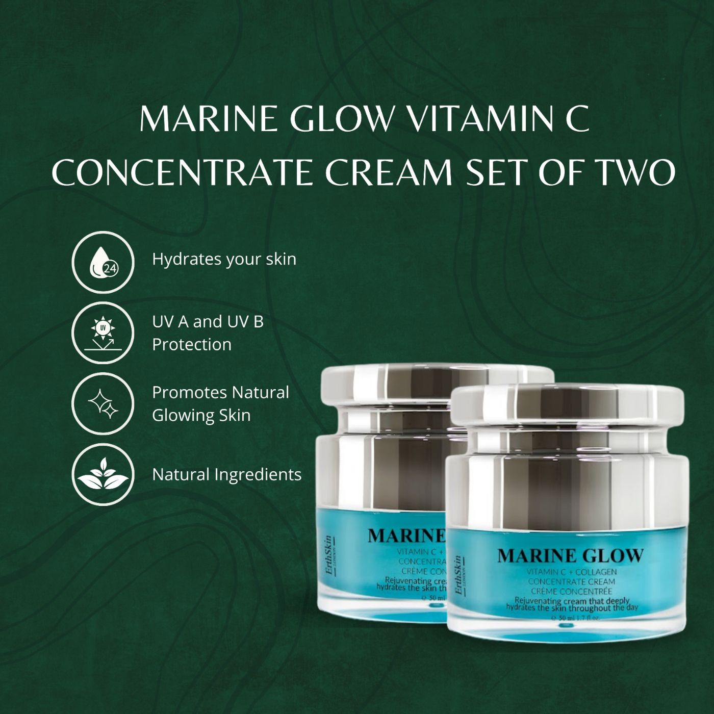 Twee potten Marine Glow Vitamine C Concentraatcrème met huidverzorgingspictogrammen.