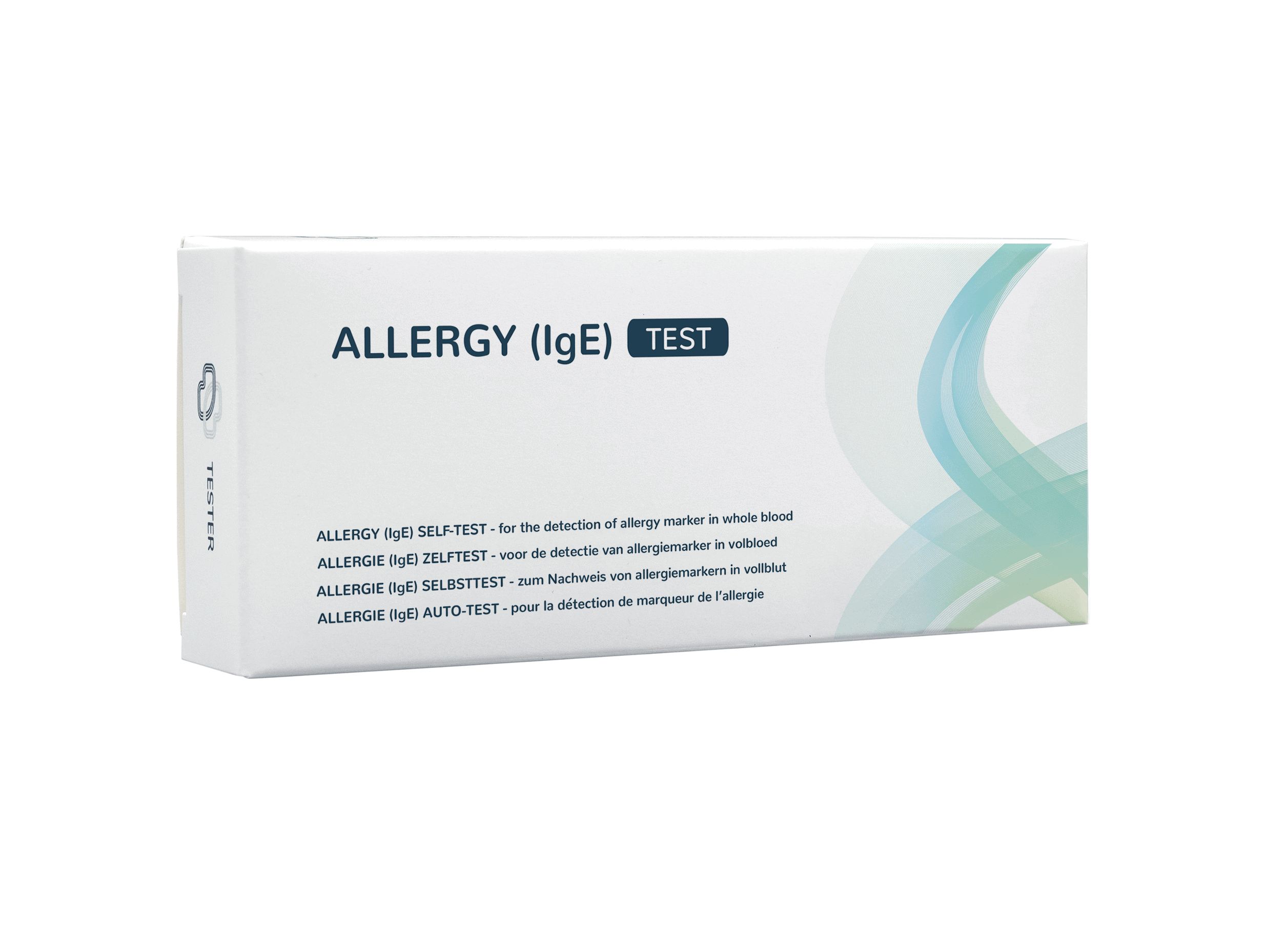 Emballage du test Allergy (IgE) avec informations produit multilingues.
