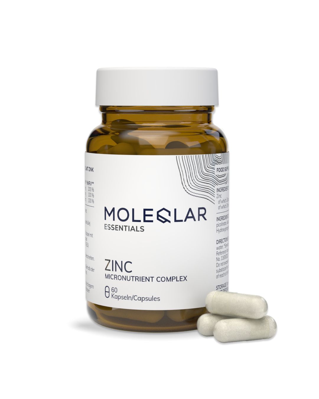Bouteille en verre brun avec bouchon blanc, étiquetée "MOLEQULAR ESSENTIALS ZINC MICRONUTRIENT COMPLEX 60 Kapseln/Capsules". Trois gélules sont à côté.