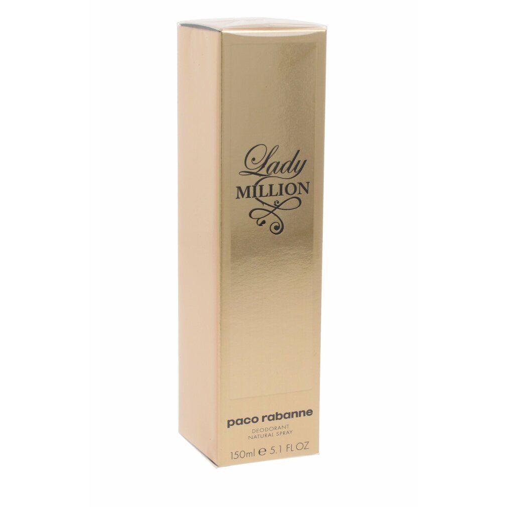 Gouden verpakking van Paco Rabanne Lady Million deodorant. Met witte tekst Lady Million en Paco Rabanne.