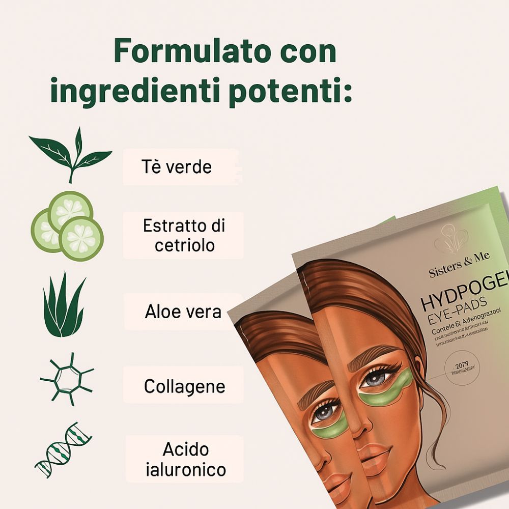 Twee verpakkingen oogpads. Opschrift: Sisters & Me, Hydrogel Eye-Pads. Illustratie van een vrouw met pads onder de ogen. Ingrediënten: groene thee, komkommer, aloë vera, collageen, hyaluronzuur.