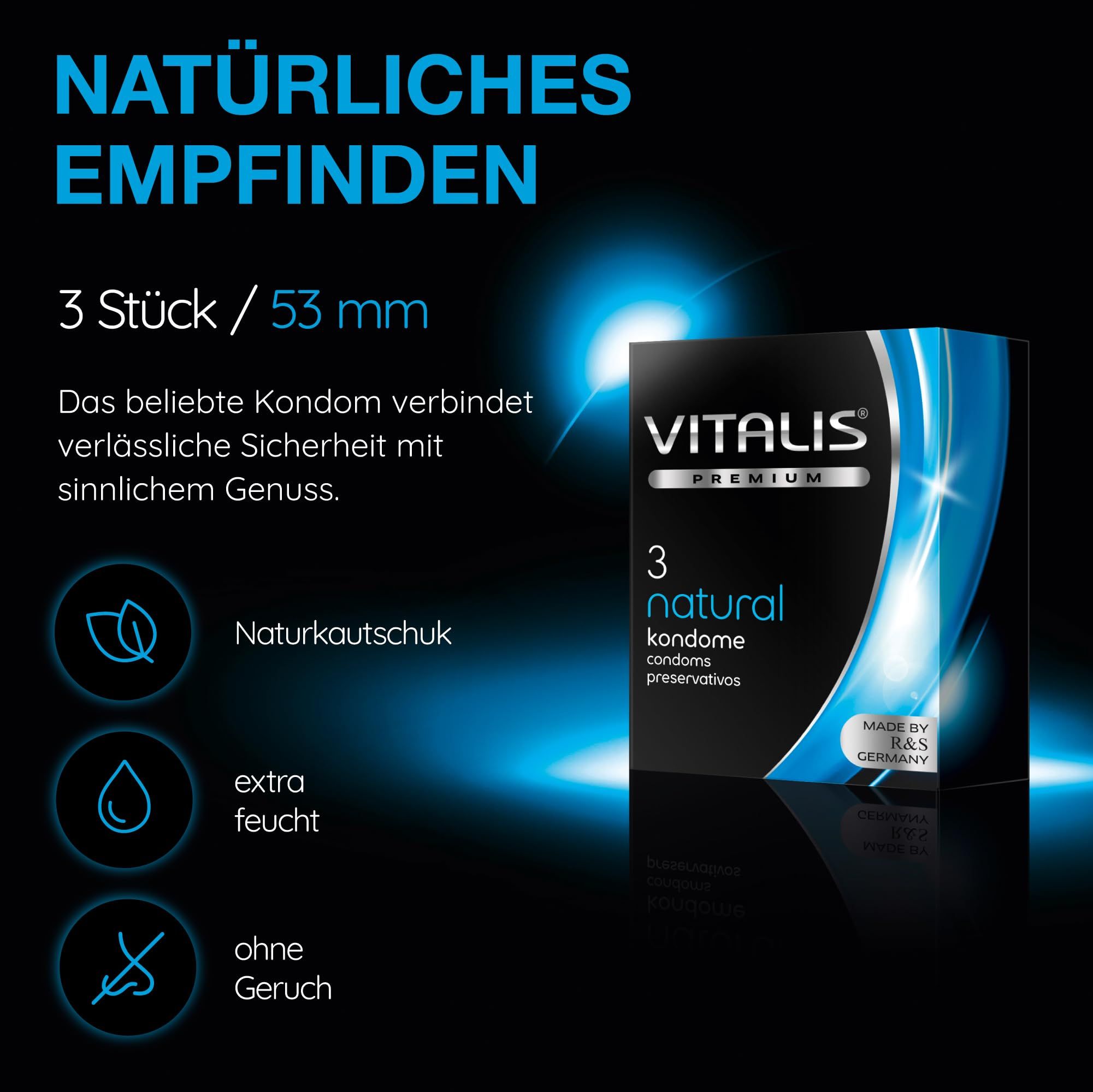 Vitalis PREMIUM Natural : 3 pièces, 53 mm. Latex naturel, extra lubrifié, sans odeur.
