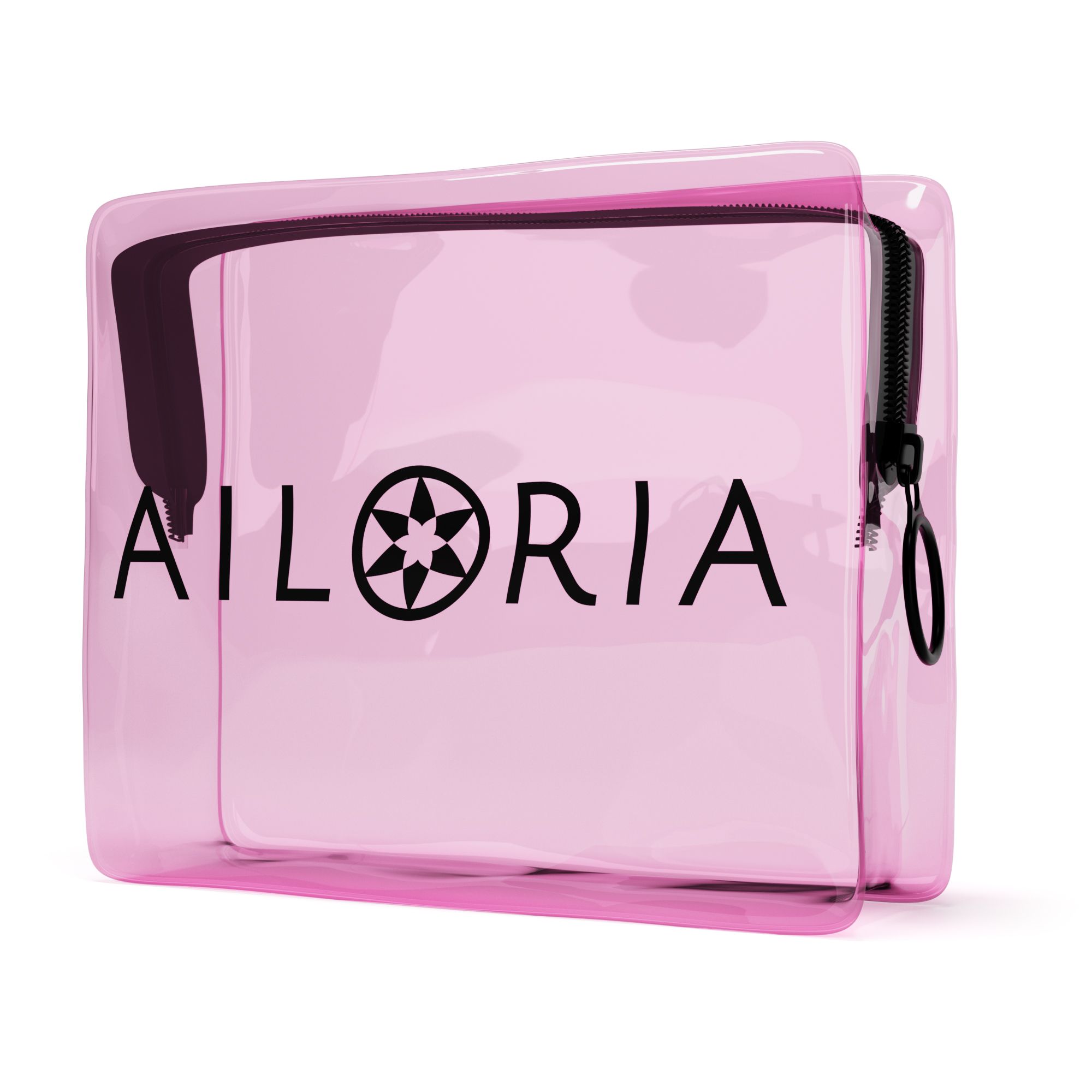 Trousse de toilette rose transparente avec fermeture éclair. Inscription et logo AILORIA.