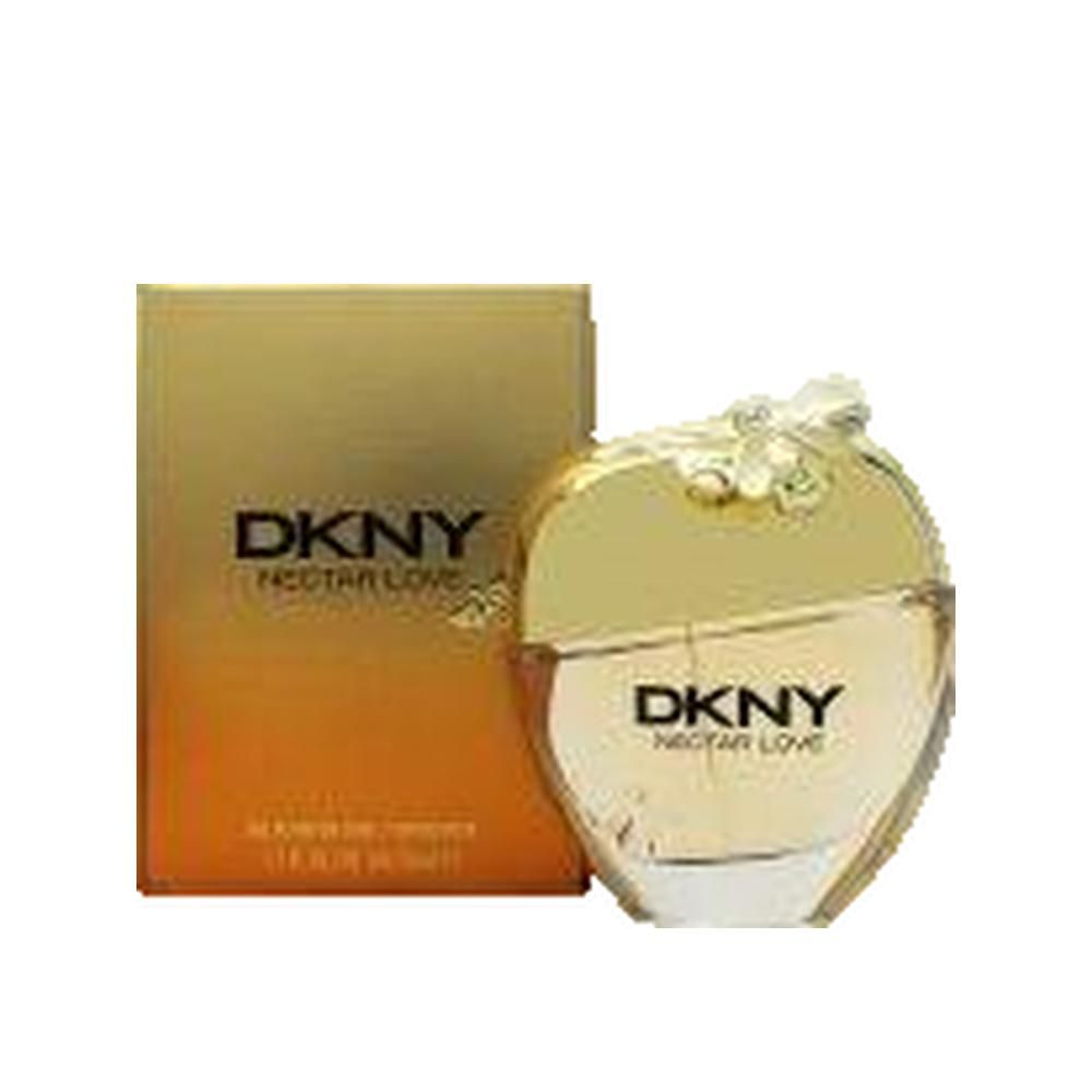 Parfumfles en verpakking. Appel-vormige fles met gouden dop. Gouden en oranje verpakking met DKNY Nectar Love tekst.