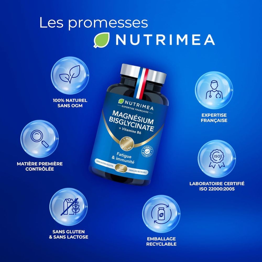 Infographie. Magnésium Bisglycinate + Vitamine B6. Sans gluten et lactose. Emballage recyclable.