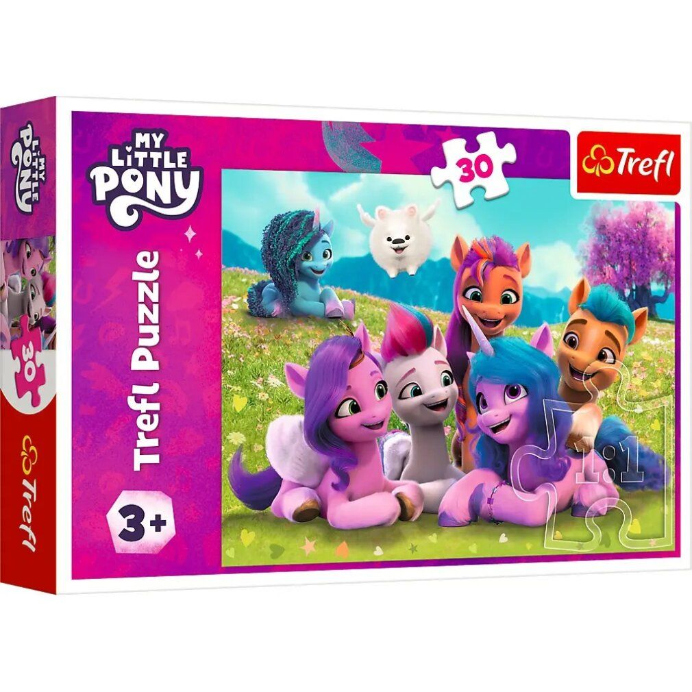 Puzzle Trefl My Little Pony: Pony amichevoli, 30 pièces. Emballage avec motif poney et pièces de puzzle.