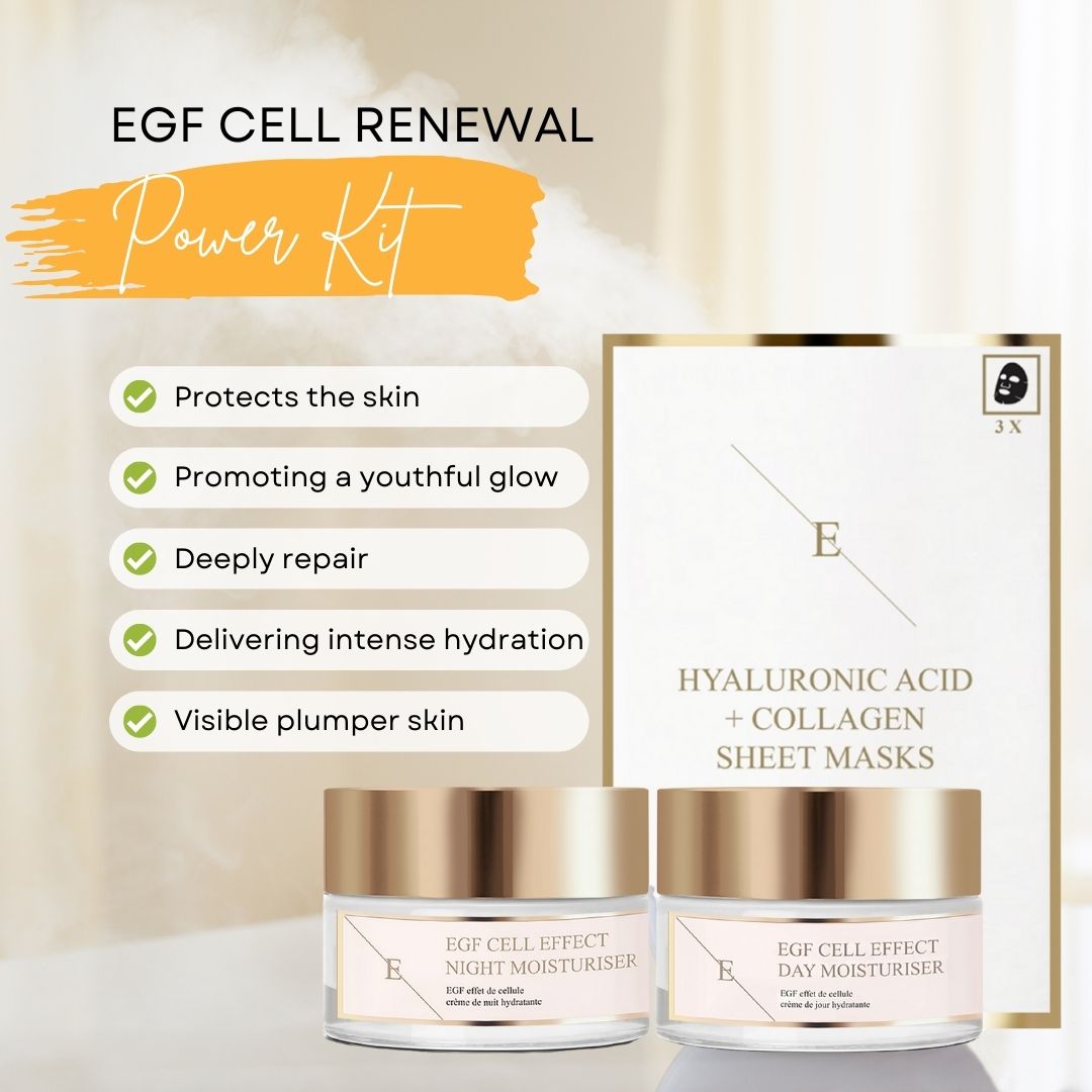 Twee crèmepotten, een pak maskers en tekst. Op de potten staat "EGF Cell Effect". Op de masker verpakking staat "Hyaluronzuur + Collageen".